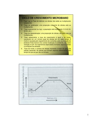 3
CICLO DE CRESCIMENTO MICROBIANO
1. Fase Lag ou Fase de latência: as células não estão se multiplicando
(adaptando)
2. Fase de aceleração: uma proporção crescente de células está se
multiplicando.
3. Fase exponencial (ou log): a população está duplicando (1-2-4-8-16-
32-64, etc.).
4. Fase de desaceleração: uma proporção de células não está mais se
multiplicando.
5. Fase estacionária: a taxa de crescimento é igual a da morte,
resultando em um número igual de células em um dado tempo. A
morte é causada pelo esgotamento de nutrientes, pela acumulação de
produtos finais tóxicos e/ou outras mudanças no ambiente, tais como
variação no pH. Os organismos esporulados formarão esporos devido
a condições de estresse.
6. Fase da morte: o número de células morrendo é maior do que o de
células nascendo. As células que formam esporos sobreviverão mais
tempo do que as que não os formam.
Lag
Log
Estacionaria
Morte
 