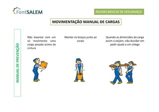 REGRAS BÁSICAS DE SEGURANÇA
MOVIMENTAÇÃO MANUAL DE CARGAS
Não levantar com um
só movimento uma
carga pesada acima da
cintura
Manter os braços junto ao
corpo
Quando as dimensões da carga
assim o exijam, não duvidar em
pedir ajuda a um colega
MANUAL
DE
PREVENÇÃO
 