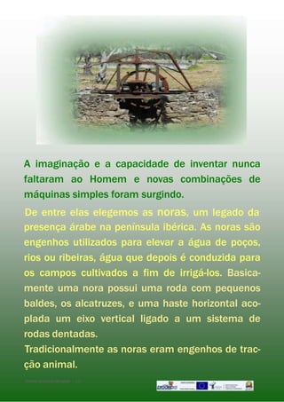 A imaginação e a capacidade de inventar nunca
faltaram ao Homem e novas combinações de
máquinas simples foram surgindo.
De entre elas elegemos as noras, um legado da
presença árabe na península ibérica. As noras são
engenhos utilizados para elevar a água de poços,
rios ou ribeiras, água que depois é conduzida para
os campos cultivados a fim de irrigá-los. Basica-
mente uma nora possui uma roda com pequenos
baldes, os alcatruzes, e uma haste horizontal aco-
plada um eixo vertical ligado a um sistema de
rodas dentadas.
Tradicionalmente as noras eram engenhos de trac-
ção animal.
Dai-meumpontodeapoio - 11-
 