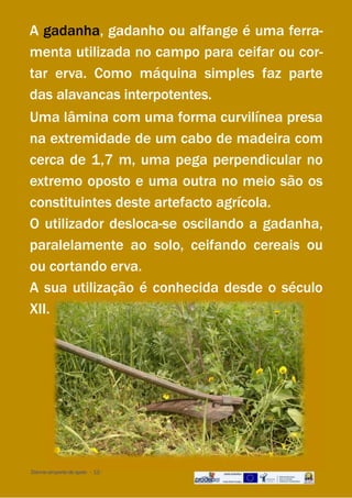 A gadanha, gadanho ou alfange é uma ferra-
menta utilizada no campo para ceifar ou cor-
tar erva. Como máquina simples faz parte
das alavancas interpotentes.
Uma lâmina com uma forma curvilínea presa
na extremidade de um cabo de madeira com
cerca de 1,7 m, uma pega perpendicular no
extremo oposto e uma outra no meio são os
constituintes deste artefacto agrícola.
O utilizador desloca-se oscilando a gadanha,
paralelamente ao solo, ceifando cereais ou
ou cortando erva.
A sua utilização é conhecida desde o século
XII.
Dai-meumpontodeapoio - 12-
 