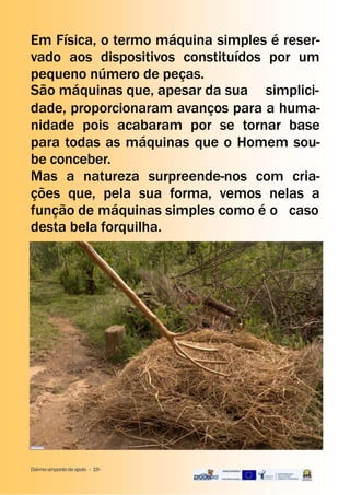 Em Física, o termo máquina simples é reser-
vado aos dispositivos constituídos por um
pequeno número de peças.
São máquinas que, apesar da sua simplici-
dade, proporcionaram avanços para a huma-
nidade pois acabaram por se tornar base
para todas as máquinas que o Homem sou-
be conceber.
Mas a natureza surpreende-nos com cria-
ções que, pela sua forma, vemos nelas a
função de máquinas simples como é o caso
desta bela forquilha.
Dai-meumpontodeapoio - 19-
 