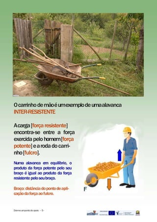 Ocarrinhodemãoéumexemplodeumaalavanca
INTER-RESISTENTE
Acarga[forçaresistente]
encontra-se entre a força
exercidapelohomem[força
potente]earodadocarri-
nho[fulcro].
Numa alavanca em equilíbrio, o
produto da força potente pelo seu
braço é igual ao produto da força
resistente peloseubraço.
Braço: distânciadopontodeapli-
caçãodaforçaaofulcro.
Dai-meumpontodeapoio - 5-
 