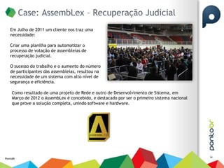 Case: AssembLex – Recuperação Judicial
   Em Julho de 2011 um cliente nos traz uma
   necessidade:

   Criar uma planilha para automatizar o
   processo de votação de assembleias de
   recuperação judicial.

   O sucesso do trabalho e o aumento do número
   de participantes das assembleias, resultou na
   necessidade de um sistema com alto nível de
   segurança e eficiência.

    Como resultado de uma projeto de Rede e outro de Desenvolvimento de Sistema, em
    Março de 2012 o AssembLex é concebido, e destacado por ser o primeiro sistema nacional
    que prove a solução completa, unindo software e hardware.




                                                                                             14
PontoBr
 