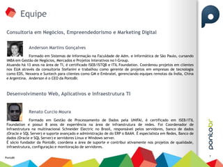 Equipe
 Consultoria em Negócios, Empreendedorismo e Marketing Digital


             Anderson Martins Gonçalves
              Formado em Sistemas de Informação na Faculdade de Adm. e Informática de São Paulo, cursando
 iMBA em Gestão de Negócios, Mercados e Projetos Interativos no I-Group.
 Atuando há 13 anos na área de TI, é certificado ISEB/ISTQB e ITIL Foundation. Coordenou projetos em clientes
 nos EUA através da consultoria Stefanini e trabalhou como gerente de projetos em empresas de tecnologia
 como EDS, Nexxera e Suntech para clientes como GM e Embratel, gerenciando equipes remotas da Índia, China
 e Argentina. Anderson é o CEO da PontoBr.



 Desenvolvimento Web, Aplicativos e Infraestrutura TI


             Renato Curcio Moura
               Formado em Gestão de Processamento de Dados pela UNIFAI, é certificado em ISEB/ITIL
 Foundation e possui 8 anos de experiência na área de infraestrutura de redes. Foi Coordenador de
 Infraestrutura na multinacional Schneider Electric no Brasil, responsável pelos servidores, banco de dados
 (Oracle e SQL Server) e suporte avançado e administração de do ERP o BAAN. É especialista em Redes, Banco de
 dados (Oracle e SQL Server) e servidores Linux e Windows server.
 É sócio fundador da PontoBr, coordena a área de suporte e contribui ativamente nos projetos de qualidade,
 infraestrutura, configuração e monitoração de servidores.

                                                                                                                7
PontoBr
 