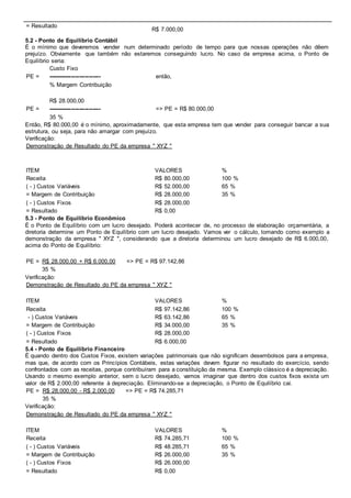 = Resultado 
R$ 7.000,00 
5.2 - Ponto de Equilíbrio Contábil 
É o mínimo que deveremos vender num determinado período de tempo para que nossas operações não dêem 
prejuízo. Obviamente que também não estaremos conseguindo lucro. No caso da empresa acima, o Ponto de 
Equilíbrio seria: 
Custo Fixo 
PE = --------------------------- então, 
% Margem Contribuição 
R$ 28.000,00 
PE = --------------------------- => PE = R$ 80.000,00 
35 % 
Então, R$ 80.000,00 é o mínimo, aproximadamente, que esta empresa tem que vender para conseguir bancar a sua 
estrutura, ou seja, para não amargar com prejuízo. 
Verificação: 
Demonstração de Resultado do PE da empresa " XYZ " 
ITEM VALORES % 
Receita R$ 80.000,00 100 % 
( - ) Custos Variáveis R$ 52.000,00 65 % 
= Margem de Contribuição R$ 28.000,00 35 % 
( - ) Custos Fixos R$ 28.000,00 
= Resultado R$ 0,00 
5.3 - Ponto de Equilíbrio Econômico 
É o Ponto de Equilíbrio com um lucro desejado. Poderá acontecer de, no processo de elaboração orçamentária, a 
diretoria determine um Ponto de Equilíbrio com um lucro desejado. Vamos ver o cálculo, tomando como exemplo a 
demonstração da empresa " XYZ ", considerando que a diretoria determinou um lucro desejado de R$ 6.000,00, 
acima do Ponto de Equilíbrio: 
PE = R$ 28.000,00 + R$ 6.000,00 => PE = R$ 97.142,86 
35 % 
Verificação: 
Demonstração de Resultado do PE da empresa " XYZ " 
ITEM VALORES % 
Receita R$ 97.142,86 100 % 
- ) Custos Variáveis R$ 63.142,86 65 % 
= Margem de Contribuição R$ 34.000,00 35 % 
( - ) Custos Fixos R$ 28.000,00 
= Resultado R$ 6.000,00 
5.4 - Ponto de Equilíbrio Financeiro 
É quando dentro dos Custos Fixos, existem variações patrimoniais que não significam desembolsos para a empresa, 
mas que, de acordo com os Princípios Contábeis, estas variações devem figurar no resultado do exercício, sendo 
confrontados com as receitas, porque contribuíram para a constituição da mesma. Exemplo clássico é a depreciação. 
Usando o mesmo exemplo anterior, sem o lucro desejado, vamos imaginar que dentro dos custos fixos exista um 
valor de R$ 2.000,00 referente à depreciação. Eliminando-se a depreciação, o Ponto de Equilíbrio cai. 
PE = R$ 28.000,00 - R$ 2.000,00 => PE = R$ 74.285,71 
35 % 
Verificação: 
Demonstração de Resultado do PE da empresa " XYZ " 
ITEM VALORES % 
Receita R$ 74.285,71 100 % 
( - ) Custos Variáveis R$ 48.285,71 65 % 
= Margem de Contribuição R$ 26.000,00 35 % 
( - ) Custos Fixos R$ 26.000,00 
= Resultado R$ 0,00 
 
