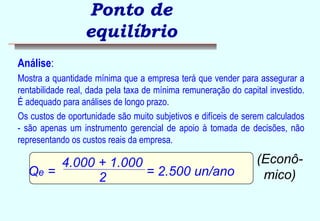 Ponto de 
equilíbrio 
Análise: 
Mostra a quantidade mínima que a empresa terá que vender para assegurar a 
rentabilidade real, dada pela taxa de mínima remuneração do capital investido. 
É adequado para análises de longo prazo. 
Os custos de oportunidade são muito subjetivos e difíceis de serem calculados 
- são apenas um instrumento gerencial de apoio à tomada de decisões, não 
representando os custos reais da empresa. 
(Econô- 
Qe = = 2.500 un/ano mico) 4.000 + 1.000 
2 
 