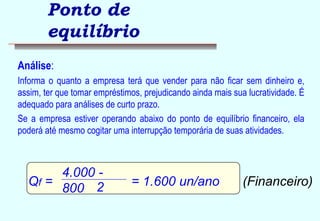 Ponto de 
equilíbrio 
Análise: 
Informa o quanto a empresa terá que vender para não ficar sem dinheiro e, 
assim, ter que tomar empréstimos, prejudicando ainda mais sua lucratividade. É 
adequado para análises de curto prazo. 
Se a empresa estiver operando abaixo do ponto de equilíbrio financeiro, ela 
poderá até mesmo cogitar uma interrupção temporária de suas atividades. 
4.000 - 
800 2 
Qf = = 1.600 un/ano (Financeiro) 
 