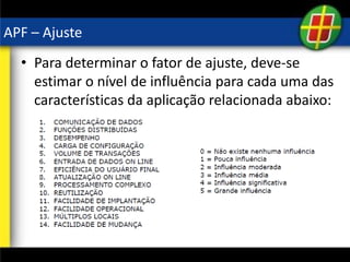 APF – Ajuste
• Para determinar o fator de ajuste, deve-se
estimar o nível de influência para cada uma das
características da aplicação relacionada abaixo:
 