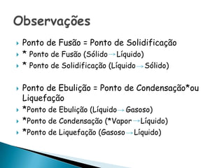    Ponto de Fusão = Ponto de Solidificação
   * Ponto de Fusão (Sólido Líquido)
   * Ponto de Solidificação (Líquido Sólido)

   Ponto de Ebulição = Ponto de Condensação*ou
    Liquefação
   *Ponto de Ebulição (Líquido Gasoso)
   *Ponto de Condensação (*Vapor Líquido)
   *Ponto de Liquefação (Gasoso Líquido)
 