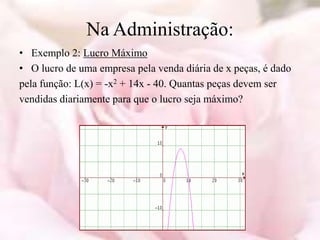 Na Administração:
• Exemplo 2: Lucro Máximo
• O lucro de uma empresa pela venda diária de x peças, é dado
pela função: L(x) = -x2 + 14x - 40. Quantas peças devem ser
vendidas diariamente para que o lucro seja máximo?
 