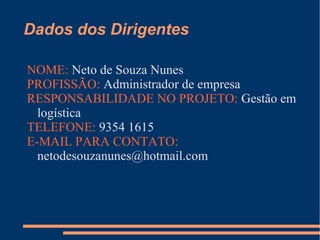 Dados dos Dirigentes
NOME: Neto de Souza Nunes
PROFISSÃO: Administrador de empresa
RESPONSABILIDADE NO PROJETO: Gestão em
logística
TELEFONE: 9354 1615
E-MAIL PARA CONTATO:
netodesouzanunes@hotmail.com
 