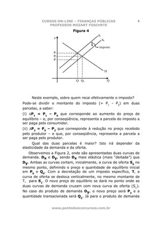 CURSOS ON-LINE – FINANÇAS PÚBLICAS                     6
              PROFESSOR MOZART FOSCHETE
                            Figura 4




     Neste exemplo, sobre quem recai efetivamente o imposto?
Pode-se dividir o montante do imposto (= P1 - P2) em duas
parcelas, a saber:
(i) ∆P1 = P1 – P0 que corresponde ao aumento do preço de
equilíbrio – e, por conseqüência, representa a parcela do imposto a
ser paga pelo consumidor.
(ii) ∆P2 = P0 – P2 que corresponde à redução no preço recebido
pelo produtor – e que, por conseqüência, representa a parcela a
ser paga pelo produtor.
      Qual das duas parcelas é maior? Isto irá depender da
elasticidade da demanda e da oferta.
   Observemos a Figura 2, onde são apresentadas duas curvas de
demanda. Dx e Dy, sendo Dx mais elástica (mais “deitada”) que
Dy. Ambas as curvas cortam, inicialmente, a curva de oferta S0 no
mesmo ponto, definindo o preço e quantidade de equilíbrio inicial
em P0 e Q0. Com a decretação de um imposto específico, T, a
curva de oferta se desloca verticalmente, no mesmo montante de
T, para S1. O novo preço de equilíbrio se dará no ponto onde as
duas curvas de demanda cruzam com nova curva de oferta (S1).
No caso do produto de demanda Dy, o novo preço será P2 e a
quantidade transacionada será Q2. Já para o produto de demanda


                www.pontodosconcursos.com.br
 