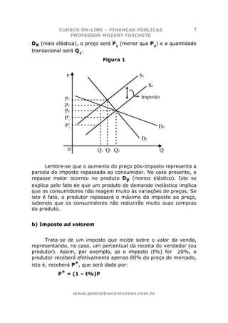 CURSOS ON-LINE – FINANÇAS PÚBLICAS                    7
             PROFESSOR MOZART FOSCHETE
Dx (mais elástica), o preço será P1 (menor que P2) e a quantidade
transacional será Q1.
                            Figura 1




      Lembre-se que o aumento do preço pós-imposto representa a
parcela do imposto repassada ao consumidor. No caso presente, o
repasse maior ocorreu no produto Dy (menos elástico). Isto se
explica pelo fato de que um produto de demanda inelástica implica
que os consumidores não reagem muito às variações de preços. Se
isto é fato, o produtor repassará o máximo do imposto ao preço,
sabendo que os consumidores não reduzirão muito suas compras
do produto.


b) Imposto ad valorem


      Trata-se de um imposto que incide sobre o valor da venda,
representando, no caso, um percentual da receita do vendedor (ou
produtor). Assim, por exemplo, se o imposto (t%) for 20%, o
produtor receberá efetivamente apenas 80% do preço de mercado,
isto é, receberá P*, que será dado por:
          P* = (1 – t%)P



                www.pontodosconcursos.com.br
 