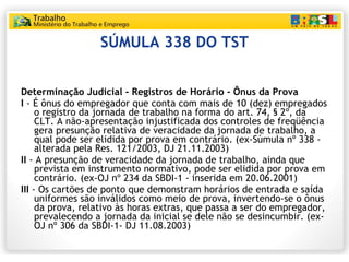 SÚMULA 338 DO TST Determinação Judicial - Registros de Horário - Ônus da Prova I  - É ônus do empregador que conta com mais de 10 (dez) empregados o registro da jornada de trabalho na forma do art. 74, § 2º, da CLT. A não-apresentação injustificada dos controles de freqüência gera presunção relativa de veracidade da jornada de trabalho, a qual pode ser elidida por prova em contrário. (ex-Súmula nº 338 - alterada pela Res. 121/2003, DJ 21.11.2003) II  - A presunção de veracidade da jornada de trabalho, ainda que prevista em instrumento normativo, pode ser elidida por prova em contrário. (ex-OJ nº 234 da SBDI-1 - inserida em 20.06.2001) III  - Os cartões de ponto que demonstram horários de entrada e saída uniformes são inválidos como meio de prova, invertendo-se o ônus da prova, relativo às horas extras, que passa a ser do empregador, prevalecendo a jornada da inicial se dele não se desincumbir. (ex-OJ nº 306 da SBDI-1- DJ 11.08.2003) 