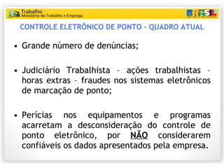 CONTROLE ELETRÔNICO DE PONTO – QUADRO ATUAL Grande número de denúncias; Judiciário Trabalhista – ações trabalhistas – horas extras – fraudes nos sistemas eletrônicos de marcação de ponto; Perícias nos equipamentos e programas acarretam a desconsideração do controle de ponto eletrônico, por  NÃO  considerarem confiáveis os dados apresentados pela empresa. 