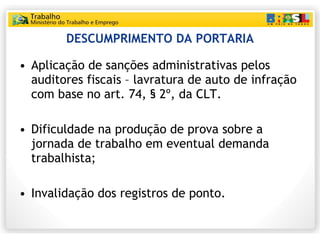 DESCUMPRIMENTO DA PORTARIA Aplicação de sanções administrativas pelos auditores fiscais – lavratura de auto de infração com base no art. 74, § 2º, da CLT. Dificuldade na produção de prova sobre a jornada de trabalho em eventual demanda trabalhista; Invalidação dos registros de ponto. 