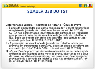 SÚMULA 338 DO TST <ul><li>Determinação Judicial - Registros de Horário - Ônus da Prova </li></ul><ul><li>I  - É ônus do em...