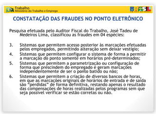 CONSTATAÇÃO DAS FRAUDES NO PONTO ELETRÔNICO <ul><li>Pesquisa efetuada pelo Auditor Fiscal do Trabalho, José Tadeu de Medei...