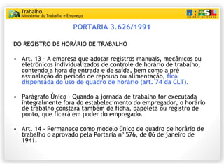 PORTARIA 3.626/1991 DO REGISTRO DE HORÁRIO DE TRABALHO   Art. 13 - A empresa que adotar registros manuais, mecânicos ou eletrônicos individualizados de controle de horário de trabalho, contendo a hora de entrada e de saída, bem como a pré assinalação do período de repouso ou alimentação,  fica dispensada do uso de quadro de horário (art. 74 da CLT).   Parágrafo Único - Quando a jornada de trabalho for executada integralmente fora do estabelecimento do empregador, o horário de trabalho constará também de ficha, papeleta ou registro de ponto, que ficará em poder do empregado.   Art. 14 - Permanece como modelo único de quadro de horário de trabalho o aprovado pela Portaria nº 576, de 06 de janeiro de 1941. 