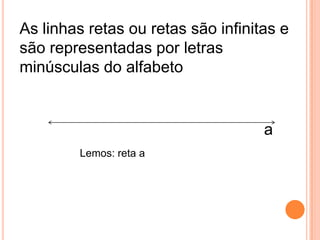 As linhas retas ou retas são infinitas e
são representadas por letras
minúsculas do alfabeto
a
Lemos: reta a
 