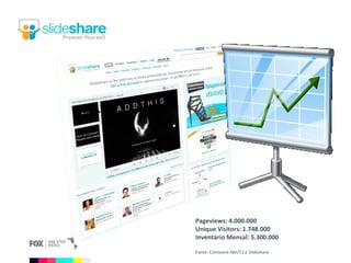 Pageviews: 4.000.000 Unique Visitors: 1.748.000 Inventário Mensal: 5.300.000 Fonte: Comscore Abr/11 e Slideshare 