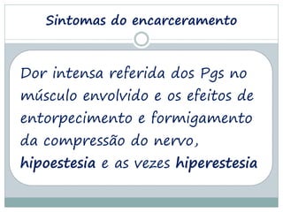 Sintomas do encarceramento



Dor intensa referida dos Pgs no
músculo envolvido e os efeitos de
entorpecimento e formigamento
da compressão do nervo,
hipoestesia e as vezes hiperestesia
 