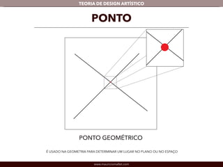 TEORIA DE DESIGN ARTÍSTICO 
PONTO 
É USADO NA GEOMETRIA PARA DETERMINAR UM LUGAR NO PLANO OU NO ESPAÇO 
www.mauriciomallet.com 
 