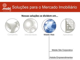 Soluções para o Mercado Imobiliário
Interatividade Aplicativos
Nossas	
  soluções	
  se	
  dividem	
  em...	
  
Campanha
Mobile Site Corporativo
Hotsite Empreendimentos
Mobile Web
 