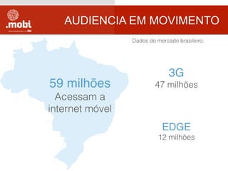 AUDIENCIA EM MOVIMENTO
59 milhões 
Acessam a
internet móvel
3G 
47 milhões
EDGE 
12 milhões
Dados do mercado brasileiro:
 