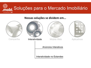 Soluções para o Mercado Imobiliário
AplicativosMobile Web
Nossas	
  soluções	
  se	
  dividem	
  em...	
  
Campanha
Anúncios Interativos
Interatividade no Estandes
Interatividade
 