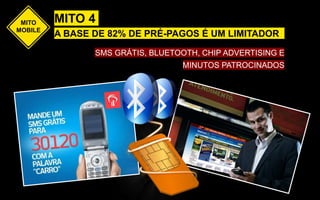 MITO
MOBILE
A BASE DE 82% DE PRÉ-PAGOS É UM LIMITADOR
MITO 4
SMS GRÁTIS, BLUETOOTH, CHIP ADVERTISING E
MINUTOS PATROCINADOS
 