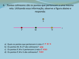 6. Pontos colineares são os pontos que pertencem a uma mesma
reta. Utilizando essa informação, observe a figura abaixo e
responda:
a) Quais os pontos que pertencem à reta r?
b) Os pontos M, N e P são colineares?
c) Os pontos P, M e S pertencem à reta r?
d) Os pontos P, M e S são colineares?
P M N
SIM
NÃO
NÃO
r
P M N
S
 