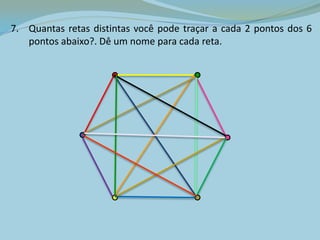 7. Quantas retas distintas você pode traçar a cada 2 pontos dos 6
pontos abaixo?. Dê um nome para cada reta.
 