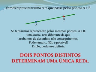Vamos representar uma reta que passe pelos pontos A e B.
Se tentarmos representar, pelos mesmos pontos A e B,
uma outra reta diferente da que
acabamos de desenhar, não conseguiremos.
Pode tentar... Não é possível!
Então, podemos definir:
DOIS PONTOS DISTINTOS
DETERMINAM UMA ÚNICA RETA.
B
A
 