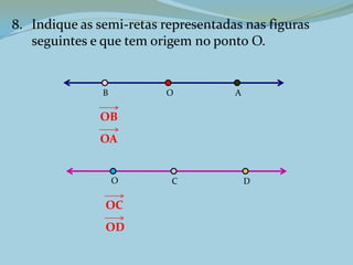 8. Indique as semi-retas representadas nas figuras
seguintes e que tem origem no ponto O.
AB
C D
O
O
OA
OB
OD
OC
 