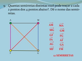9. Quantas semirretas distintas você pode traçar a cada
2 pontos dos 4 pontos abaixo?. Dê o nome das semir-
retas.
A
GF
M
AM
MG
GF
FA
AG
MF FM
MA
GM
FG
AF
GA
12 SEMIRRETAS
 