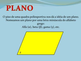 O piso de uma quadra poliesportiva nos dá a idéia de um plano.
Nomeamos um plano por uma letra minúscula do alfabeto
grego:
Alfa (α), beta (β), gama (γ), etc.
β
 