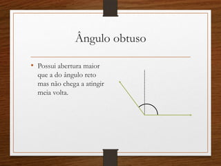Ângulo obtuso
• Possui abertura maior
que a do ângulo reto
mas não chega a atingir
meia volta.