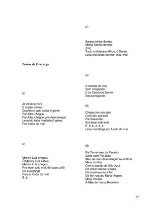 67
Pontos de Descarga
01
Já está na hora
E o galo cantou
Quando o galo canta ô gente
Pai Joba chegou
Pai Joba chegou, pra descarregar
Levando toda maldade ô gente
Pro fundo do mar
02
Mestre Luiz chegou
Ô Mestre Luiz salvou
Mestre Luiz chegou
Pra levar todo mal, de suas cafio
De sua gongá
Para o fundo do mar
Ê, ê
03
Sereia minha Sereia
Minha Sereia do mar
(bis)
Todo mal desses filhos, ô Sereia
Leva pro fundo do mar, mar, mar
04
A marola do mar
Vem chegando
E os Caboclos Sereia
Descarregando
05
Chegou na sua gira
Com seu pessoal
Pai Sebastião
Pra levar todo mal
Ê, ê, ê, ê, ê, á
Leva mandinga pro fundo do mar
06
Pai Tomé veio do Paraíso
Junto com Pai João
Mas ele veio descarregar seus filhos
Meus irmãos
Com o bastão de São José
Do cravo nasceu a rosa
Da rosa nasceu a flor
Da flor nasceu Maria Virgem
Meus irmãos
A Mãe de nosso Redentor
 