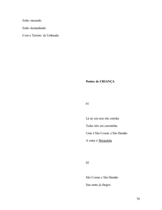 70
Estão mexendo
Estão demandando
Com o Terreiro de Umbanda
Pontos de CRIANÇA
01
Lá no céu tem três estrelas
Todas três em carreirinha
Uma é São Cosme e São Damião
A outra é Mariazinha
02
São Cosme e São Damião
Sua santa já chegou
 