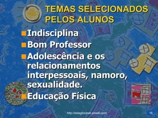 TEMAS SELECIONADOS PELOS ALUNOS Indisciplina Bom Professor   Adolescência e os relacionamentos interpessoais, namoro, sexualidade.   Educação Física   