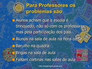 Para Professores os problemas são Alunos acham que a escola é brinquedo, não só com os professores, mas pela participação dos pais. Alunos na sala de aula na hora certa Barulho na quadra Brigas na sala de aula Faltam cortinas nas salas de aula 