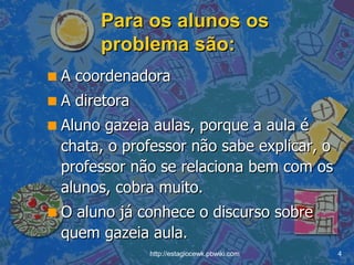Para os alunos os problema são: A coordenadora A diretora Aluno gazeia aulas, porque a aula é chata, o professor não sabe explicar, o professor não se relaciona bem com os alunos, cobra muito.  O aluno já conhece o discurso sobre quem gazeia aula. 