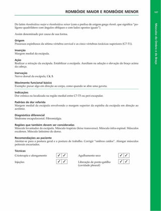 ROMBÓIDE M AIOR E ROMBÓIDE M ENOR 107
Do latim rhomboideus majore rhomboidcus minor(com o prefixo de origem grega rhomb,que significa "po­
lígono quadrilátero com ângulos oblíquos e com lados opostos iguais").
Assim denominado por causa de sua forma.
Origem
Processos espinhosos da sétima vértebra cervical e as cinco vértebras torácicas superiores (C7-T1).
Inserção
Margem mediai da escápula.
Ação
Realizar a retração da escápula. Estabilizar a escápula. Auxiliam na adução e elevação do braço acima
da cabeça.
Inervaçáo
Nervo dorsal da escápula, C4, 5.
Movimento funcional básico
Exemplo: puxar algo em direção ao corpo, como quando se abre uma gaveta.
Indicações
Dor crônica ou localizada na região mediai entre C7-T5 ou peri-escapular.
Padrões de dor referida
Margem mediai da escápula envolvendo a margem superior da espinha da escápula em direção ao
acrômio.
Diagnóstico diferencial
Síndrome escapulocostal. Fibromialgia.
Regiões que tam bém devem ser consideradas
Músculo levantador da escápula. Músculo trapézio (feixe transverso). Músculo infra-espinal. Músculos
escalenos. Músculo latíssimo do dorso.
Recom endações ao paciente
Atentar-se para a postura geral e a postura de trabalho. Corrigir "ombros caídos". Alongar músculos
peitorais encurtados.
Técnicas
Crioterapia e alongamento
Injeções
(cavidade pleural)
/ /
1 7 / l
Agulhamento seco
Liberação de ponto-gatilho
k l S 
/ / I
Músculos
do
Ombro
e
do
Braço
 