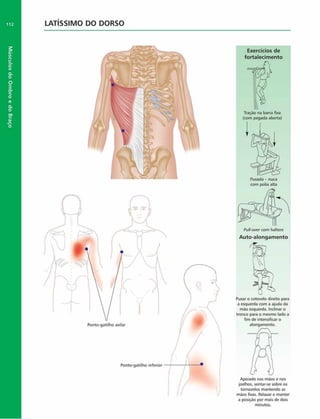 Músculos
do
Ombro
e
do
Braço
112 LATÍSSIMO DO DORSO
Exercícios de
fortalecim ento
(com pegada aberta)
Ponto-gatilho axilar
Ponto-gatilho inferior
Puxada - nuca
com polia alta
Pull-overcom haltere
Auto-alongam ento
Puxar o cotovelo direito para
a esquerda com a ajuda da
mão esquerda. Inclinar o
tronco para o mesmo lado a
fim de intensificar o
alongamento.
Apoiado nas máos e nos
joelhos, sentar-se sobre os
tornozelos mantendo as
máos fixas. Relaxar e manter
a posição por mais de do*s
minutos.
 