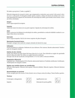SUPRA-ESPINAL
Do latim supraspinalus ("sobre a espinha").
Músculo integrante do manguilo rotador, que compreende os músculos supra-espinal, infra-espinal, redon­
do menor e subescapular. O manguito rotador ajuda a manter a cabeça do úmero em contato com a cavi­
dade glenoidal da escápula nos movimentos da articulação do ombro, prevenindo, dessa forma, a luxa­
ção dessa articulação.
Origem
Fossa supra-espinal da escápula.
Inserção
Tubérculo maior do úmero em sua parte superior. Cápsula da articulação do ombro.
Ação
Inicia o processo de abdução da articulação do ombro, permitindo ao músculo deltóide conduzir os es­
tágios finais desse movimento.
Inervação
Nervo supra-escapular, C 4,5, 6, do tronco superior do plexo braquial.
Movimento funcional básico
Exemplo: carregar uma sacola de compras afastada da lateral do corpo.
Indicações
Perda de potência na abdução. Síndrome do arco doloroso. Dor noturna. Bursite subacromial. Tendino-
patia do manguito rotador.
Padrões de dor referida
Ventre: dor intensa na parte lateral do braço (área de 4 a 6 cm). Area dolorida na região do epicôndilo
lateral/cabeça do rádio. Dor difusa na região lateral do antebraço.
Inserção: área de dor localizada correspondente a 5 a 8 cm sobre o músculo deltóide.
Diagnóstico diferencial
Capsulite fase 1. Radiculopatia C5-C6. Bursite subacromial (adesiva). Tendinite calcificante. Calcificação.
Tendinopatia do manguito rotador.
Regiões que tam bém devem ser consideradas
Músculo subescapular. Músculo infra-espinal. Músculo deltóide. Músculo trapézio. Músculo latíssimo
do dorso.
Recom endações ao paciente
Evitar carregar peso em excesso. Evitar dormir com os braços acima da cabeça. Tomar banhos quentes.
Técnicas
Crioterapia e alongamento S S Agulhamento seco
Injeções | ^ | S  Liberação de ponto-gatilho
k
/ / 1
117
Músculos
do
Ombro
e
do
Braço
 