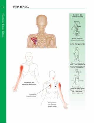 Músculos
do
Ombro
e
do
Braço
118 INFRA-ESPINAL
Exercício de
fortalecim ento
Puxada na posição
sentada (efeito limitado)
Auto-alongam ento
Articulação
escapulotorácica
& ^
Vista posterior
dos principais
pontos-gatilho
Flexionar o braço em
direção ao ombro oposto.
Segurar o cotovelo elevado
com a mão oposta e
tracioná-k> para trás.
Segurar a maçaneta ou
apoiar a mão no batente de
uma porta e delicadamente
dar um passo à frente.
 