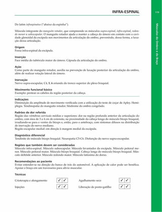 INFRA-ESPINAL 119
Do latim infraspinalus ("abaixo da espinha").
Músculo integrante do manguito rotador, que compreende os músculos supra-espinal, infra-espinal, redon­
do menor e subescapular. O manguito rotador ajuda a manter a cabeça do úmero em contato com a cavi­
dade glenoidal da escápula nos movimentos da articulação do ombro, prevenindo, dessa forma, a luxa­
ção dessa articulação.
Origem
Fossa infra-espinal da escápula.
Inserção
Face média do tubérculo maior do úmero. Cápsula da articulação do ombro.
Ação
Como parte do manguito rotador, auxilia na prevenção de luxação posterior da articulação do ombro,
além de realizar rotação lateral do úmero.
Inervaçáo
Nervo supra-escapular, C4, 5, 6 oriundo do tronco superior do plexo braquial.
Movimento funcional básico
Exemplo: pentear os cabelos da região posterior da cabeça.
Indicações
Diminuição da amplitude de movimento verificada com a utilização do teste de coçar de Apley. Hemi-
plegia. Tendinopatia do manguito rotador. Síndrome do ombro congelado.
Padrões de dor referida
Região das vértebras cervicais médias e superiores: dor na região profunda anterior da articulação do
ombro, com área de 3 a 4 cm de extensão, na proximidade da cabeça longa do músculo bíceps braquial,
irradiando-se para o ventre do bíceps e, então, para o antebraço, com sintomas difusos na distribuição
de inervaçáo do nervo mediano.
Região escapular mediai: em direção à margem mediai da escápula.
Diagnóstico diferencial
Tendinite do músculo bíceps braquial. Neuropatia C5-C6. Disfunção do nervo supra-escapular.
Regiões que tam bém devem ser consideradas
Músculo infra-espinal. Músculo subescapular. Músculo levantador da escápula. Músculo peitoral me­
nor. Músculo peitoral maior. Músculo bíceps braquial. Cabeça longa do músculo bíceps braquial. Mús­
culo deltóide anterior. Músculo redondo maior. Músculo latíssimo do dorso.
Recom endações ao paciente
Evitar estender-se na direção do banco de trás do automóvel. A aplicação de calor pode ser benéfica.
Apoiar o braço em um travesseiro para alívio muscular.
Técnicas
Crioterapia e alongamento / / Agulhamento seco / ' ✓
Injeções / / Liberação de ponto-gatilho
Músculos
do
Ombro
e
do
Braço
 