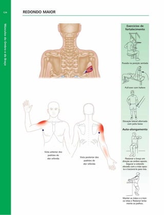 Músculos
do
Ombro
e
do
Braço
124 REDONDO MAIOR
Exercícios de
fortalecim ento
Puxada na posição sentada
Pull-overcom haltere
Vista anterior dos
padrões de
dor referida
com polia baixa
Auto-alongam ento
direção ao ombro oposto.
Segurar o cotovelo
elevado com a mão opos­
ta e tracioná-k> para trás.
Manter as mãos e o tron­
co retos e flexionar lenta­
mente os joelhos.
 