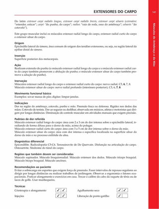 EXTENSORES DO CARPO 141
Do latim extensor carpi radia!is longus, extensor carpi radialis brevis, extensor carpi ulnaris (ex/enderr.
"estender, esticar"; carpi: "do punho, do carpo"; radius: "raio de roda, osso do antebraço"; ulnaris,: "do
cotovelo").
Este grupo muscular inclui os músculos extensor radial longo do carpo, extensor radial curto do carpo
e extensor ulnar do carpo.
Origem
Epicôndilo lateral do úmero, área comum de origem dos tendões extensores, ou seja, na região lateral da
epífise distai do úmero.
Inserção
Superfície posterior dos metacarpais.
Ação
Realizam extensão do punho (o músculo extensor radial longo do carpo e o músculo extensor radial cur­
to do carpo também promovem a abdução do punho; o músculo extensor ulnar do carpo também pro­
move a adução do punho).
Inervação
Músculos extensor radial longo do carpo e extensor radial curto do carpo: nervo radial, C5, 6, 7,8.
Músculo extensor ulnar do carpo: nervo radial profundo (interósseo posterior), C 5,6, 7, 8.
Movimento funcional básico
Exemplos: sovar massa de pão; digitar; limpar janelas.
Indicações
Dor na região do antebraço, cotovelo, punho e mão. Preensão fraca ou dolorosa. Rigidez nos dedos das
mãos. Cotovelo de tenista. Dor ao segurar ou dedilhar, observada em músicos, atletas e motoristas que diri­
gem por longas distâncias. Diminuição do controle muscular em atividades manuais que exigem precisão.
Padrões de dor referida
Músculo extensor radial longo do carpo: área com 2 a 3 cm de dor intensa sobre o epicôndilo lateral, ir­
radiando de forma difusa para o dorso da mão, acima do polegar.
Músculo extensor radial curto do carpo: área com 3 a 5 cm de dor intensa sobre o dorso da mão.
Músculo extensor ulnar do carpo: área com dor intensa e específica localizada na superfície ulnar do
dorso da mão e no processo estilóide da ulna.
Diagnóstico diferencial
Epicondilite. Radiculopatia C5-C6. Tenossinovite de De Quervain. Disfunção na articulação do carpo.
Osteoartrite. Síndrome do túnel do carpo.
Regiões que tam bém devem ser consideradas
Músculo supinador. Músculo braquiorradial. Músculo extensor dos dedos. Músculo tríceps braquial.
Músculo bíceps braquial. Músculo ancôneo.
Recom endações ao paciente
Evitar a sobrecarga em esportes que exigem força de preensão. Fazer intervalos de repouso regulares ao
dirigir por longas distâncias ou realizar trabalhos de jardinagem. Observar a ergonomia e fatores ocu-
pacionais. Praticar alongamento e exercícios em casa. Trocar o calibre do cabo da raquete de tênis ou de
tacos de golfe. Usar munhequeira.
Técnicas
Crioterapia e alongamento _ / / Agulhamento seco j / j / j
Injeções y i / Liberação de ponto-gatilho
Músculos
do
Antebraço
e
da
M
ão
 